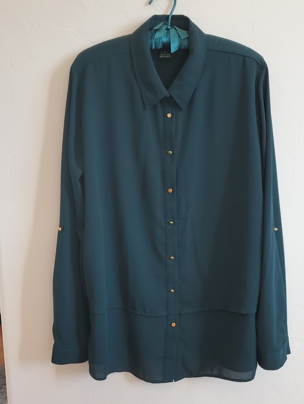 Dark Teal or Green Gold Button Blouse Large